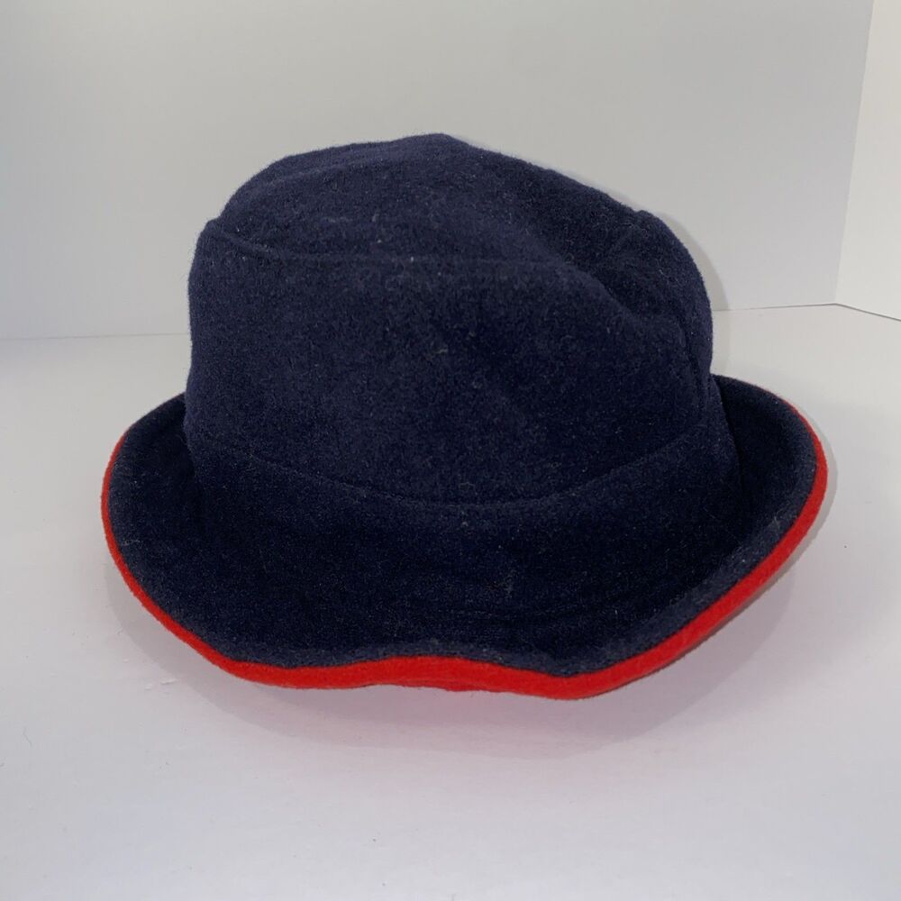 Vintage Chelsea Cambell Wool Bucket Hat Navy Blue Red Trim Made In Italy